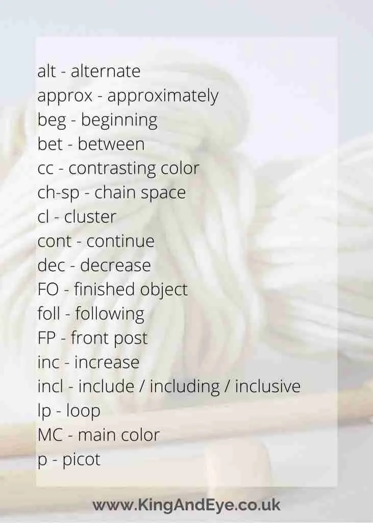 Abbreviations used in crochet